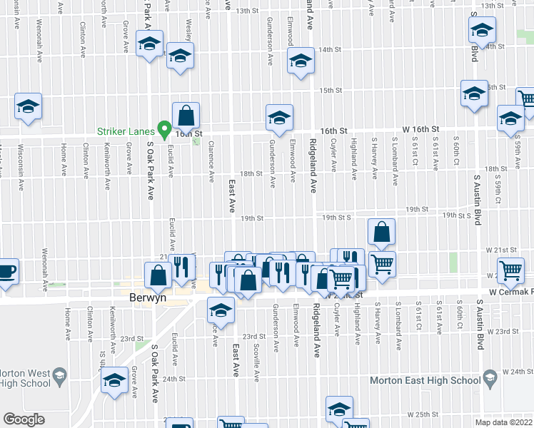 map of restaurants, bars, coffee shops, grocery stores, and more near 1849 Gunderson Avenue in Berwyn