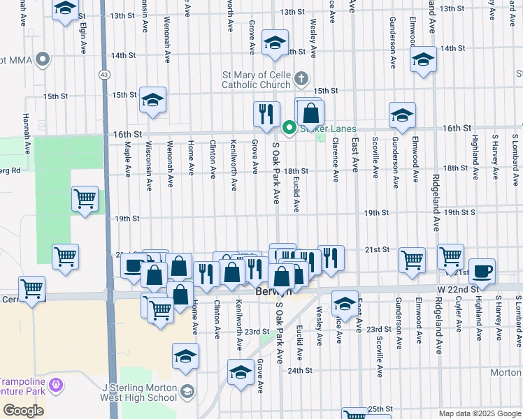 map of restaurants, bars, coffee shops, grocery stores, and more near 1844 Grove Avenue in Berwyn