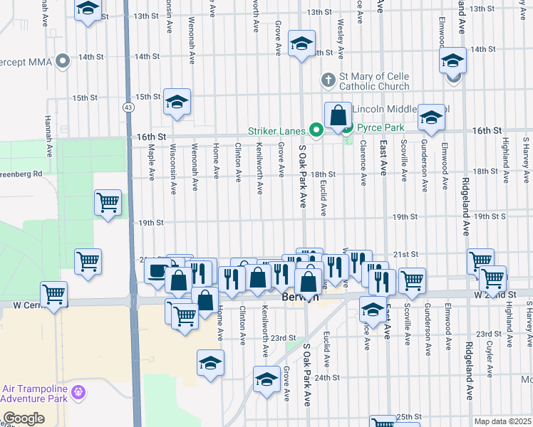 map of restaurants, bars, coffee shops, grocery stores, and more near 1844 Grove Avenue in Berwyn