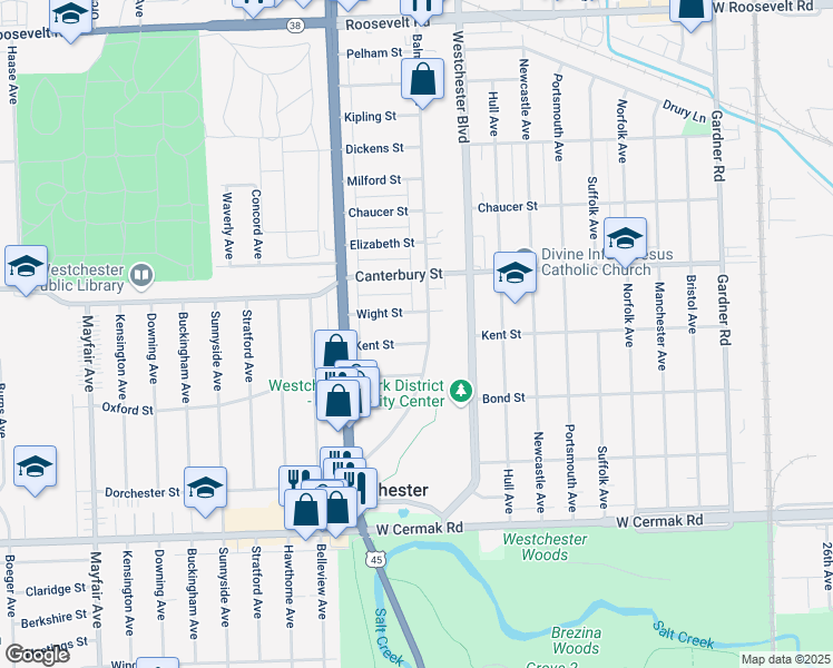 map of restaurants, bars, coffee shops, grocery stores, and more near 10244 Kent Street in Westchester