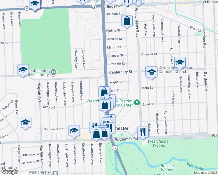 map of restaurants, bars, coffee shops, grocery stores, and more near 1645 South Mannheim Road in Westchester
