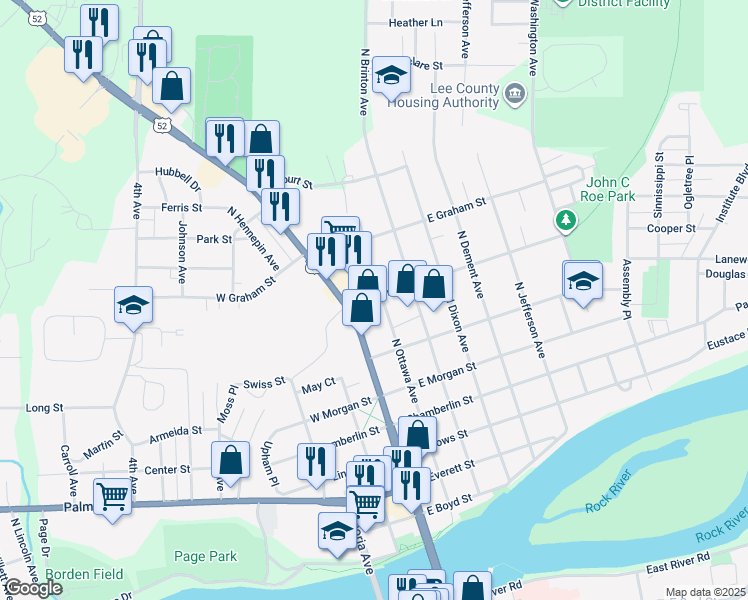 map of restaurants, bars, coffee shops, grocery stores, and more near 119 Bradshaw Street in Dixon