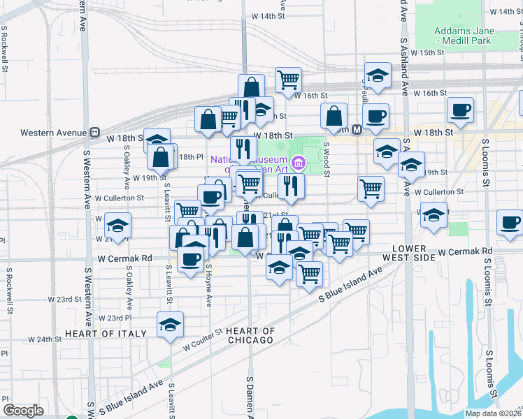 map of restaurants, bars, coffee shops, grocery stores, and more near 1936 West 21st Street in Chicago