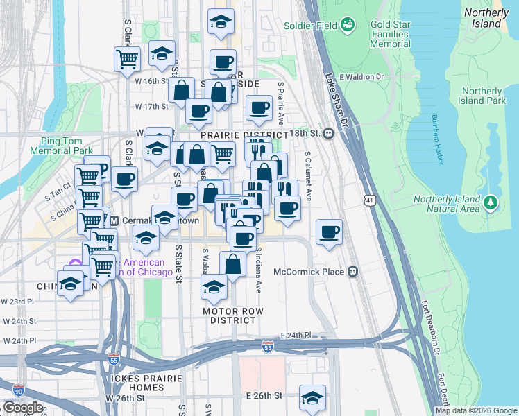 map of restaurants, bars, coffee shops, grocery stores, and more near S Indiana Ave & E 21st St in Chicago