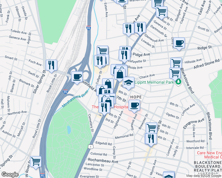 map of restaurants, bars, coffee shops, grocery stores, and more near 170 Nashua Street in Providence