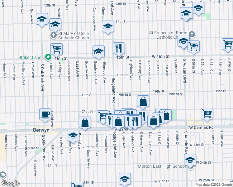 map of restaurants, bars, coffee shops, grocery stores, and more near 1848 Cuyler Avenue in Berwyn