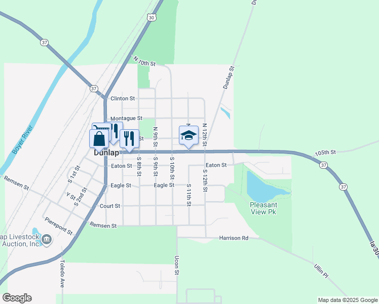 map of restaurants, bars, coffee shops, grocery stores, and more near 1102 Iowa Avenue in Dunlap