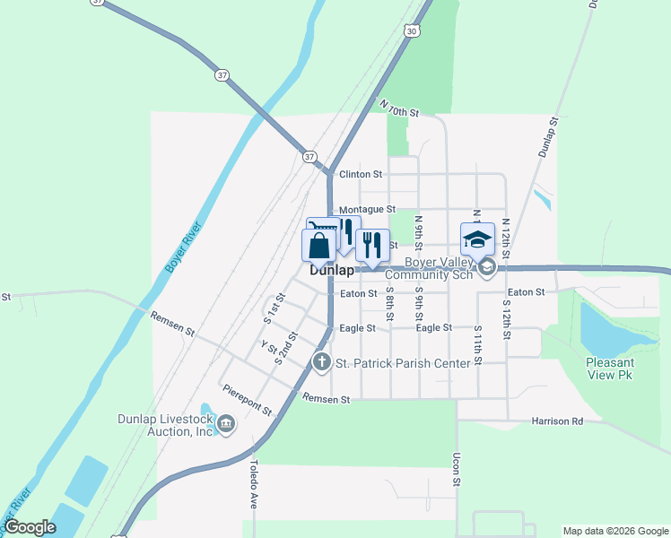 map of restaurants, bars, coffee shops, grocery stores, and more near 613 Iowa Avenue in Dunlap