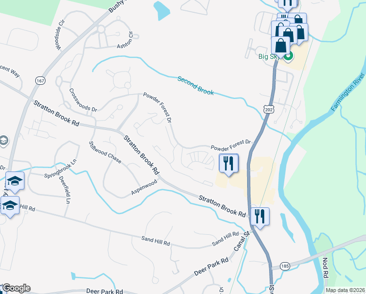 map of restaurants, bars, coffee shops, grocery stores, and more near 105 Powder Forest Drive in Simsbury