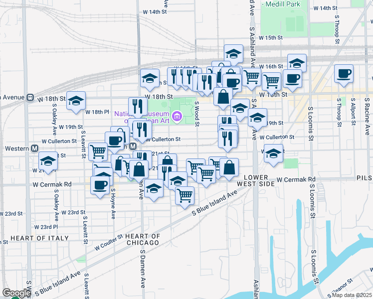 map of restaurants, bars, coffee shops, grocery stores, and more near 1822 West 21st Street in Chicago