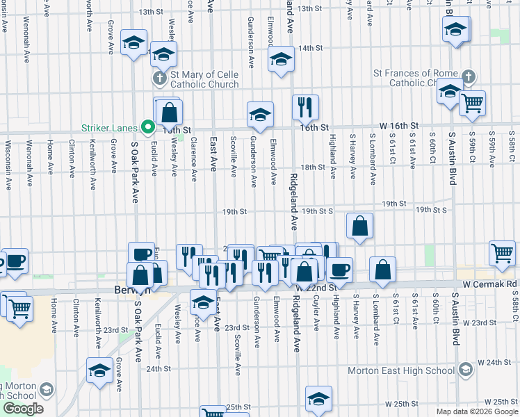 map of restaurants, bars, coffee shops, grocery stores, and more near 1849 Gunderson Avenue in Berwyn