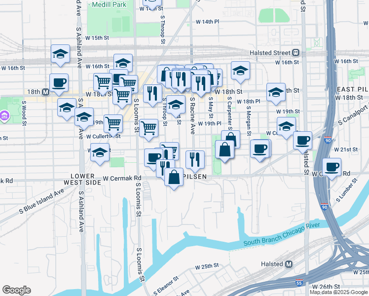 map of restaurants, bars, coffee shops, grocery stores, and more near 1212 West 21st Street in Chicago