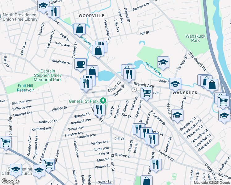 map of restaurants, bars, coffee shops, grocery stores, and more near 32 Burns Street in Providence