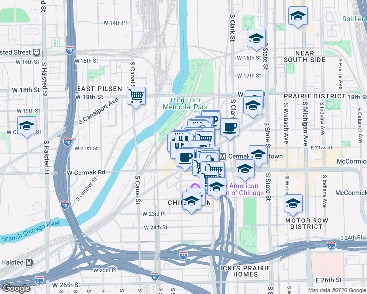 map of restaurants, bars, coffee shops, grocery stores, and more near 2140 South China Place in Chicago