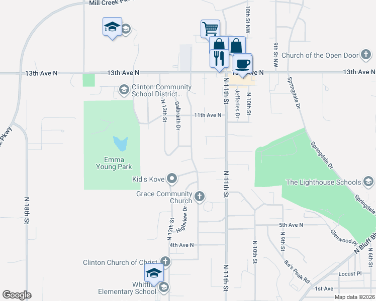 map of restaurants, bars, coffee shops, grocery stores, and more near 1201 10th Avenue North in Clinton