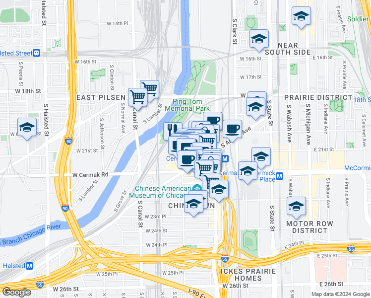 map of restaurants, bars, coffee shops, grocery stores, and more near 2140 South China Place in Chicago