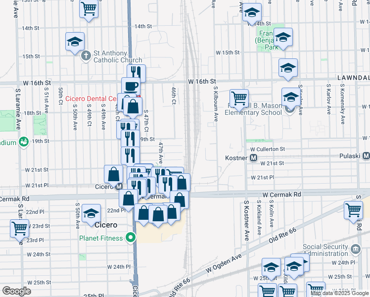 map of restaurants, bars, coffee shops, grocery stores, and more near 4600 West 20th Street in Cicero