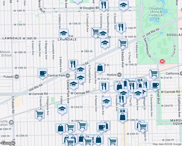 map of restaurants, bars, coffee shops, grocery stores, and more near 1949 South Trumbull Avenue in Chicago
