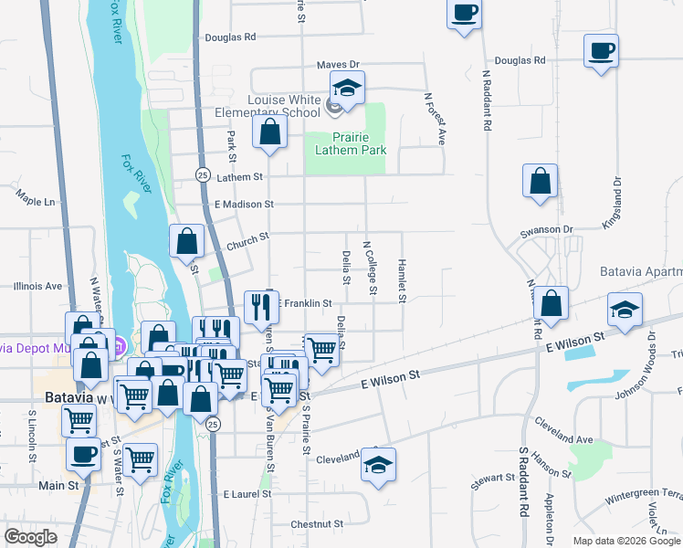 map of restaurants, bars, coffee shops, grocery stores, and more near 335 Delia Street in Batavia