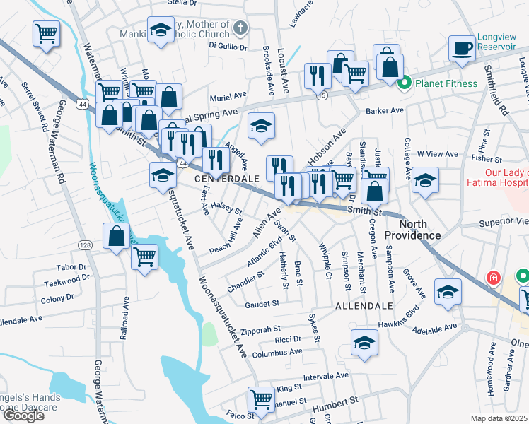 map of restaurants, bars, coffee shops, grocery stores, and more near 11 Allen Avenue in North Providence