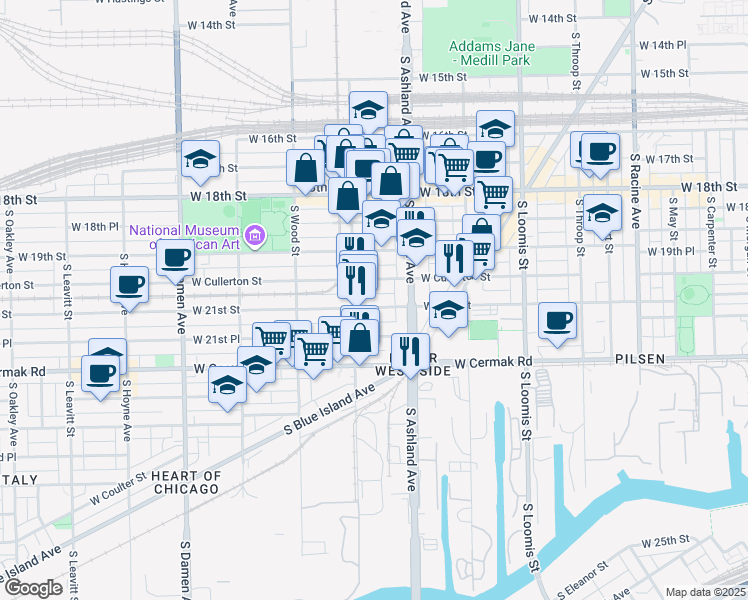 map of restaurants, bars, coffee shops, grocery stores, and more near 1632 West 21st Street in Chicago