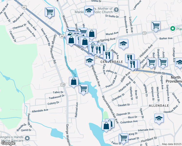 map of restaurants, bars, coffee shops, grocery stores, and more near 604 Woonasquatucket Avenue in North Providence