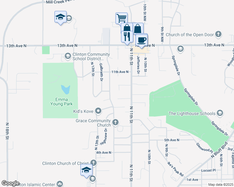 map of restaurants, bars, coffee shops, grocery stores, and more near 1143 10th Avenue North in Clinton
