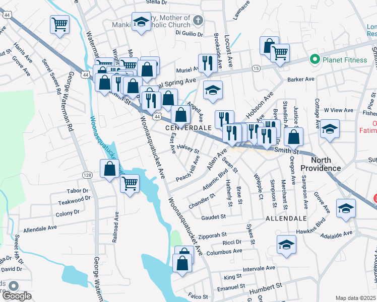 map of restaurants, bars, coffee shops, grocery stores, and more near 54C Ferncliff Avenue in North Providence
