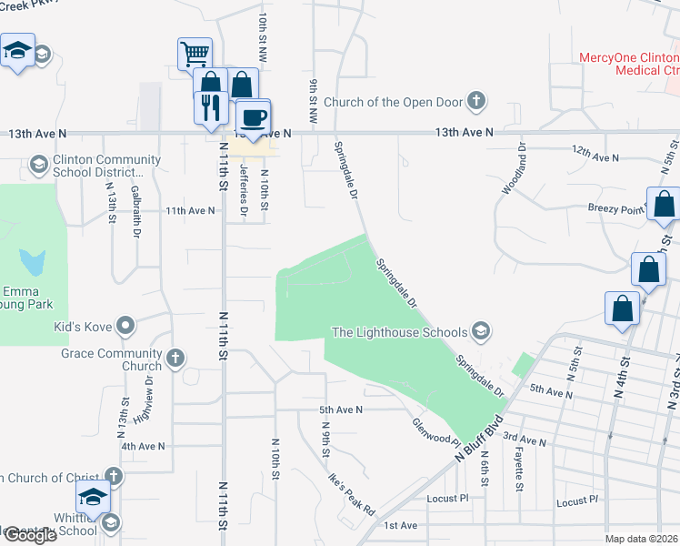 map of restaurants, bars, coffee shops, grocery stores, and more near 700-794 Springdale Drive in Clinton