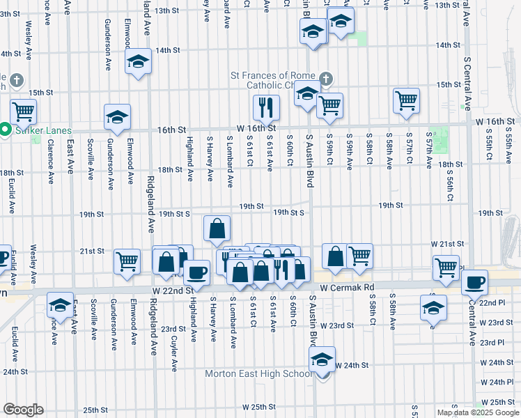 map of restaurants, bars, coffee shops, grocery stores, and more near 1853 West 19th Street in Cicero