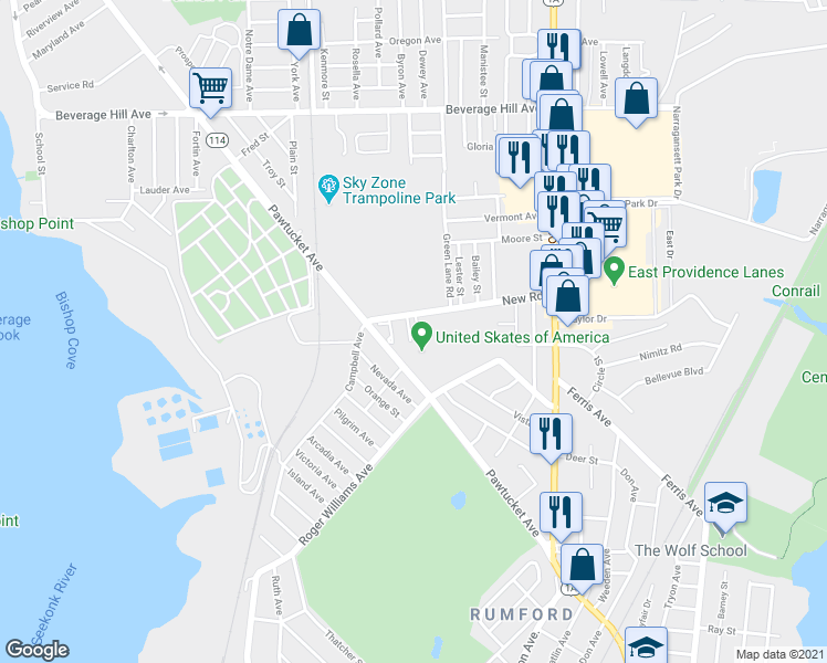 map of restaurants, bars, coffee shops, grocery stores, and more near 65 New Road in East Providence