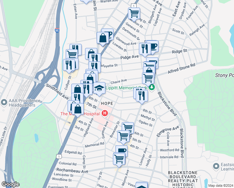 map of restaurants, bars, coffee shops, grocery stores, and more near 84 10th Street in Providence