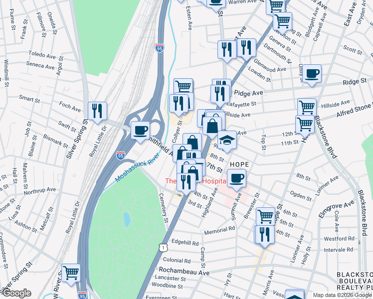 map of restaurants, bars, coffee shops, grocery stores, and more near 170 Nashua Street in Providence