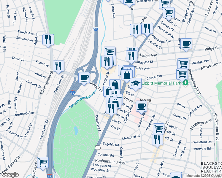 map of restaurants, bars, coffee shops, grocery stores, and more near 47 Matilda Street in Providence