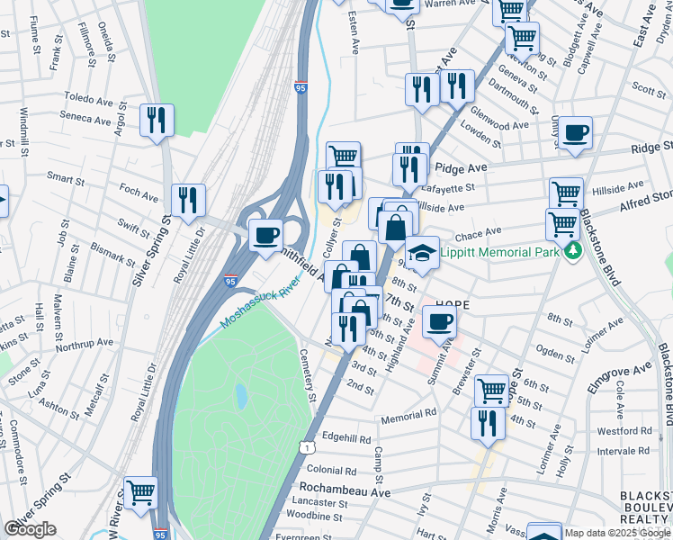 map of restaurants, bars, coffee shops, grocery stores, and more near 47 Matilda Street in Providence