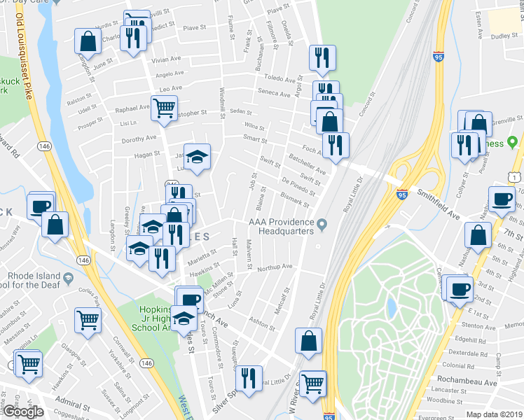 map of restaurants, bars, coffee shops, grocery stores, and more near 30 Amory Street in Providence