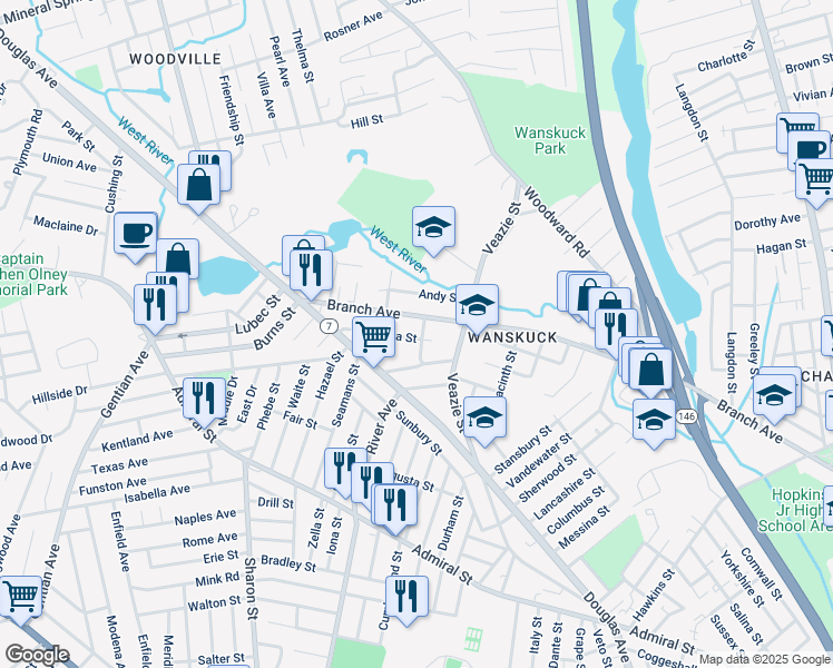 map of restaurants, bars, coffee shops, grocery stores, and more near 31 Henrietta Street in Providence