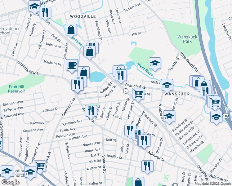 map of restaurants, bars, coffee shops, grocery stores, and more near 32 Burns Street in Providence