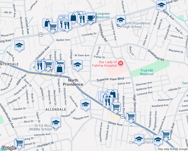 map of restaurants, bars, coffee shops, grocery stores, and more near 557 Fruit Hill Avenue in North Providence
