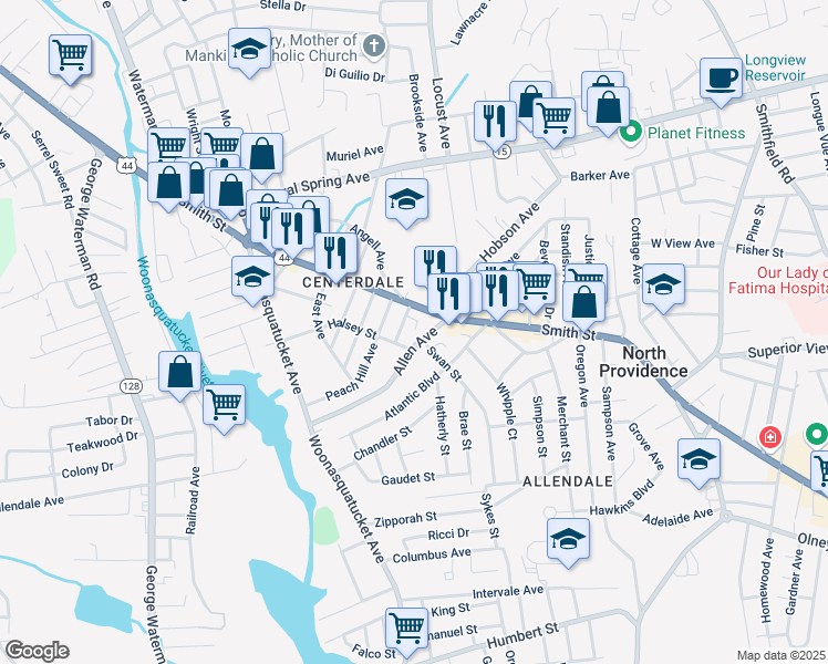 map of restaurants, bars, coffee shops, grocery stores, and more near 11 Allen Avenue in North Providence