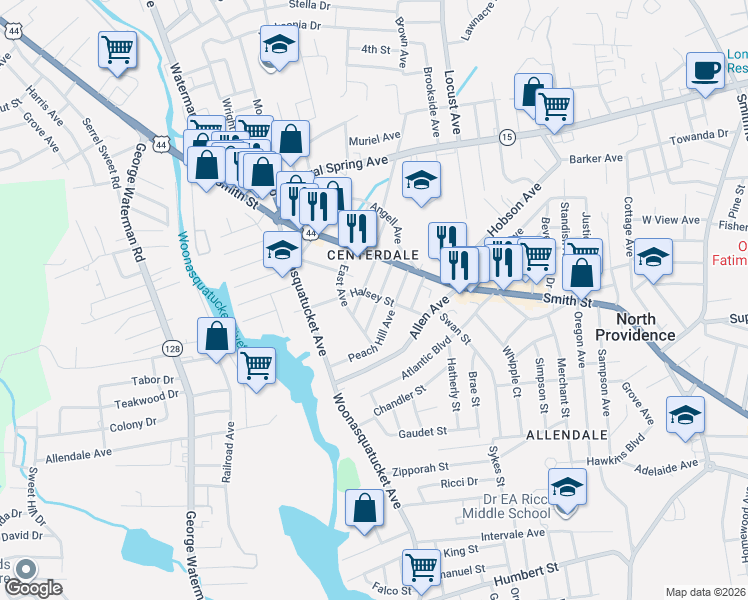 map of restaurants, bars, coffee shops, grocery stores, and more near 54C Ferncliff Avenue in North Providence