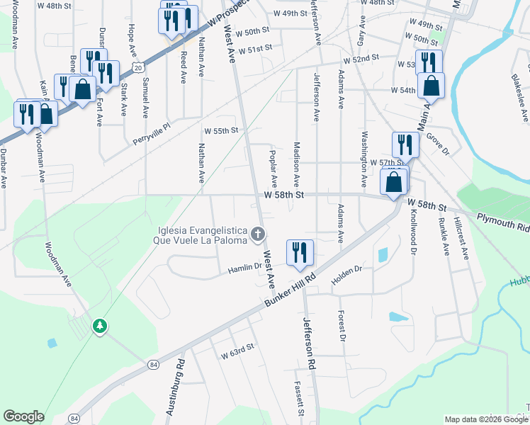 map of restaurants, bars, coffee shops, grocery stores, and more near 5834 West Avenue in Ashtabula