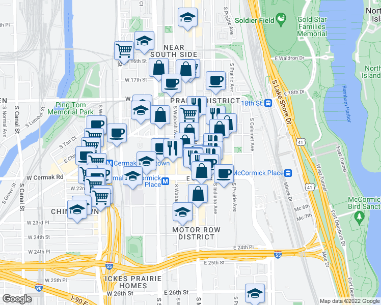 map of restaurants, bars, coffee shops, grocery stores, and more near 2028 South Michigan Avenue in Chicago
