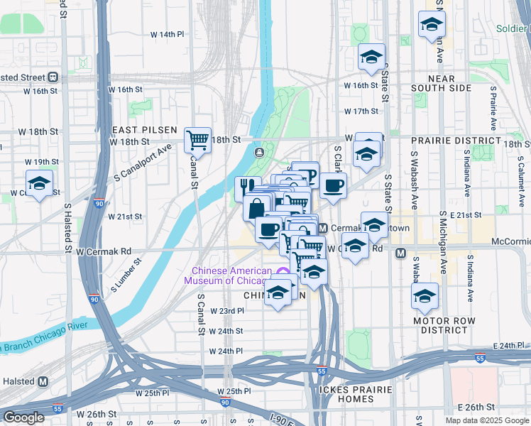 map of restaurants, bars, coffee shops, grocery stores, and more near 2140 South China Place in Chicago