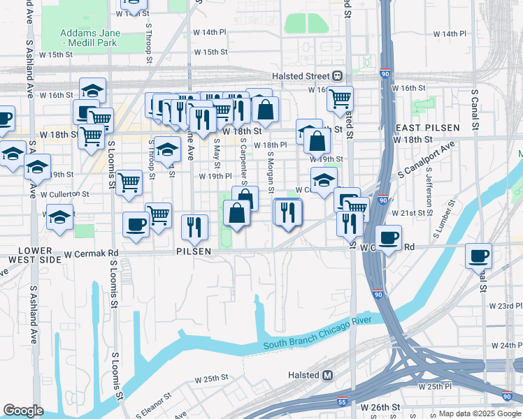 map of restaurants, bars, coffee shops, grocery stores, and more near 1025 West 20th Place in Chicago