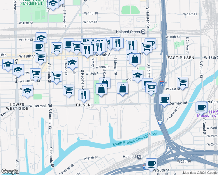 map of restaurants, bars, coffee shops, grocery stores, and more near 1025 West 20th Place in Chicago