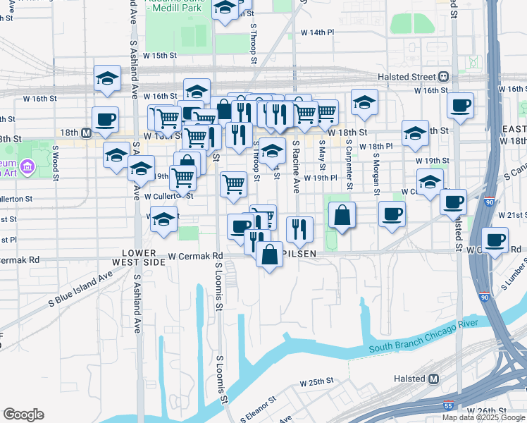 map of restaurants, bars, coffee shops, grocery stores, and more near 2023 South Throop Street in Chicago