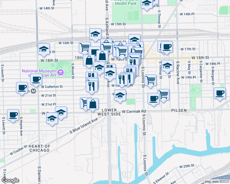 map of restaurants, bars, coffee shops, grocery stores, and more near 2024 South Blue Island Avenue in Chicago