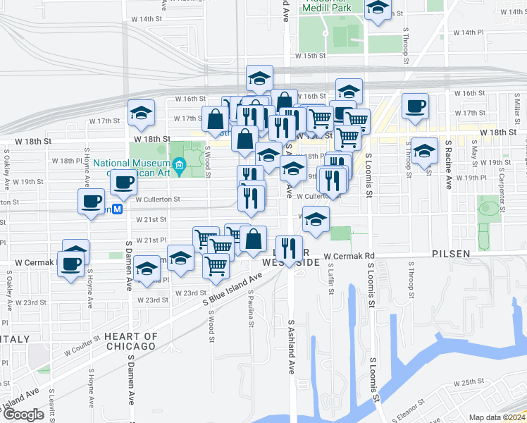 map of restaurants, bars, coffee shops, grocery stores, and more near 1632 West 21st Street in Chicago