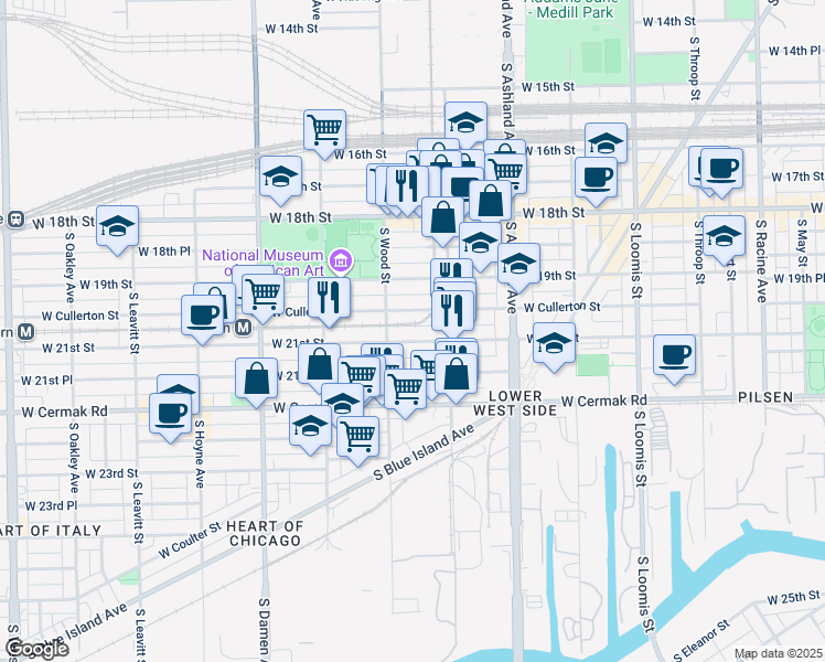 map of restaurants, bars, coffee shops, grocery stores, and more near 1748 West 21st Street in Chicago